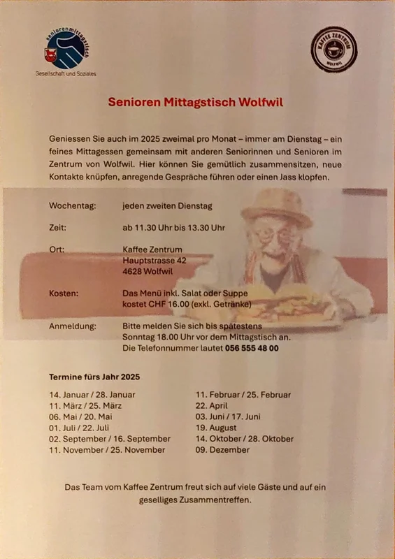 Senioren-Mittagstisch im Kaffee Zentrum in Wolfwil