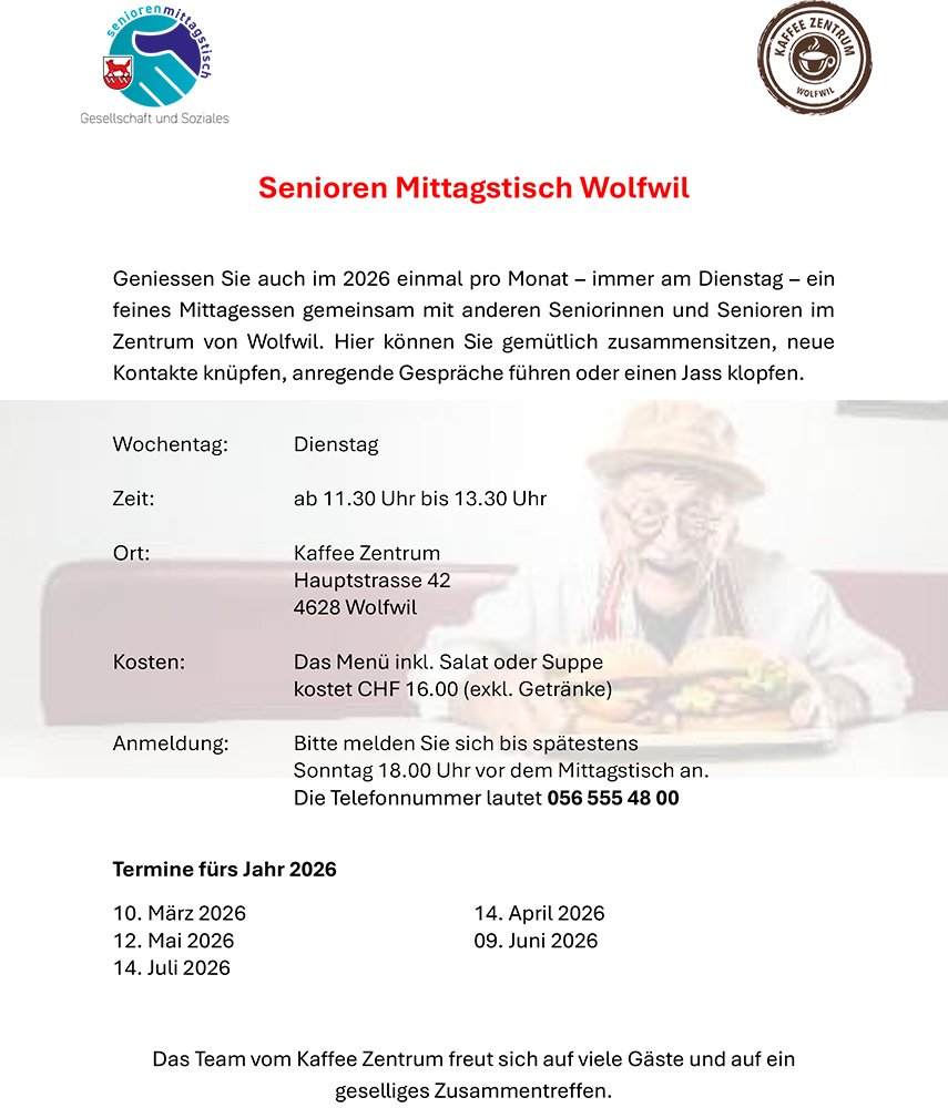 Senioren-Mittagstisch im Kaffee Zentrum in Wolfwil